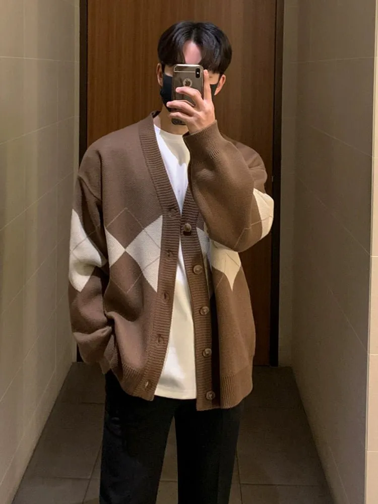 V-Neck Argyle Pattern Knitted Cardigan  VCH0140