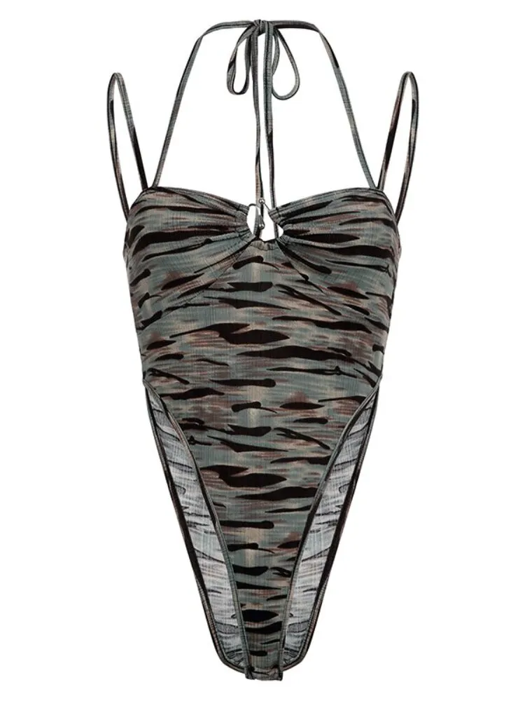 Vintage Camouflage Halter  Bandage Slim Bodysuit