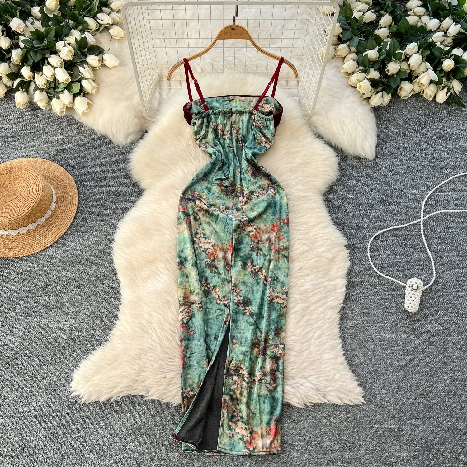 Vintage Ethnic Floral Split Slip Dress