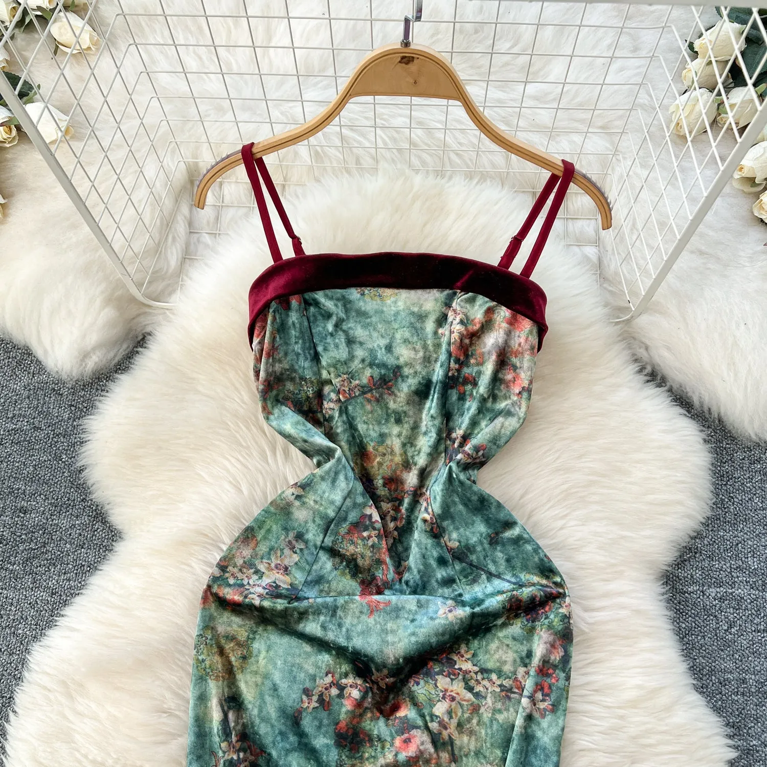 Vintage Ethnic Floral Split Slip Dress