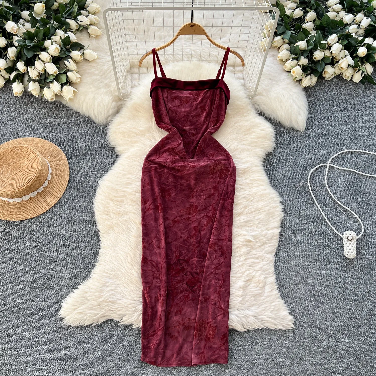Vintage Ethnic Floral Split Slip Dress