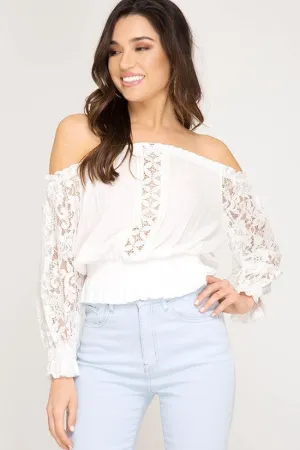 White Off Shoulder Smocked Long Sleeve Top With Lace Detail