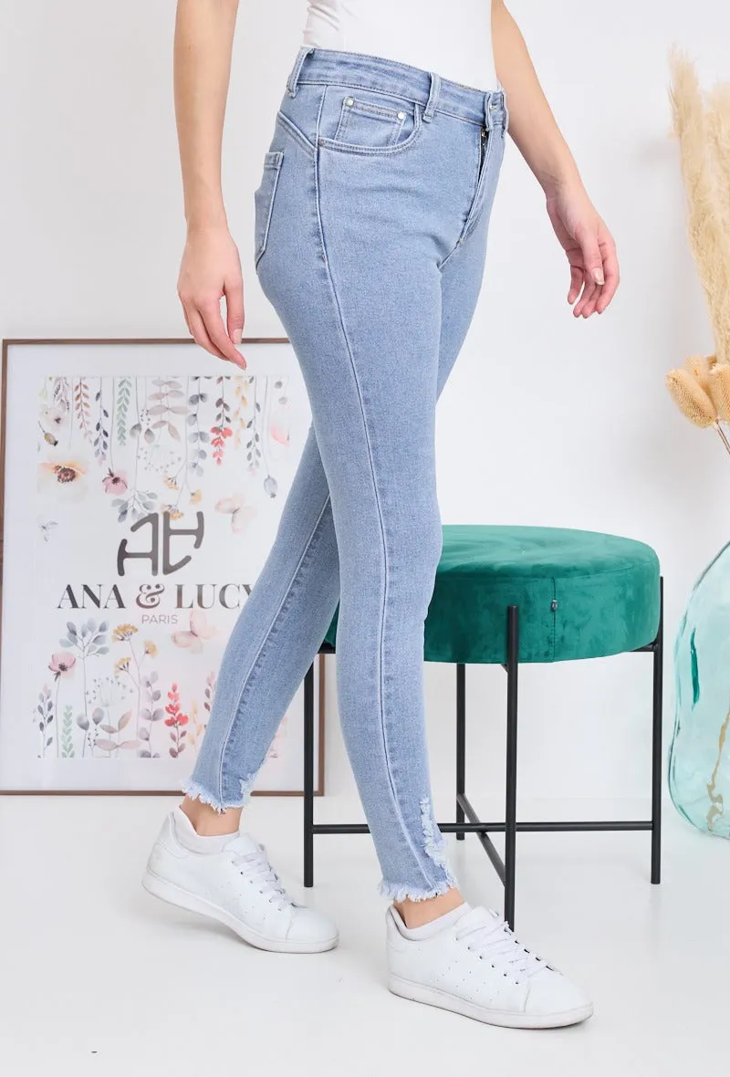Wholesale Denim Push Up Skinny Jeans With Ripped and Frayed Hem Effect