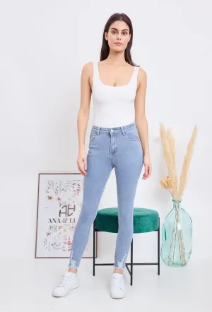 Wholesale Denim Push Up Skinny Jeans With Ripped and Frayed Hem Effect