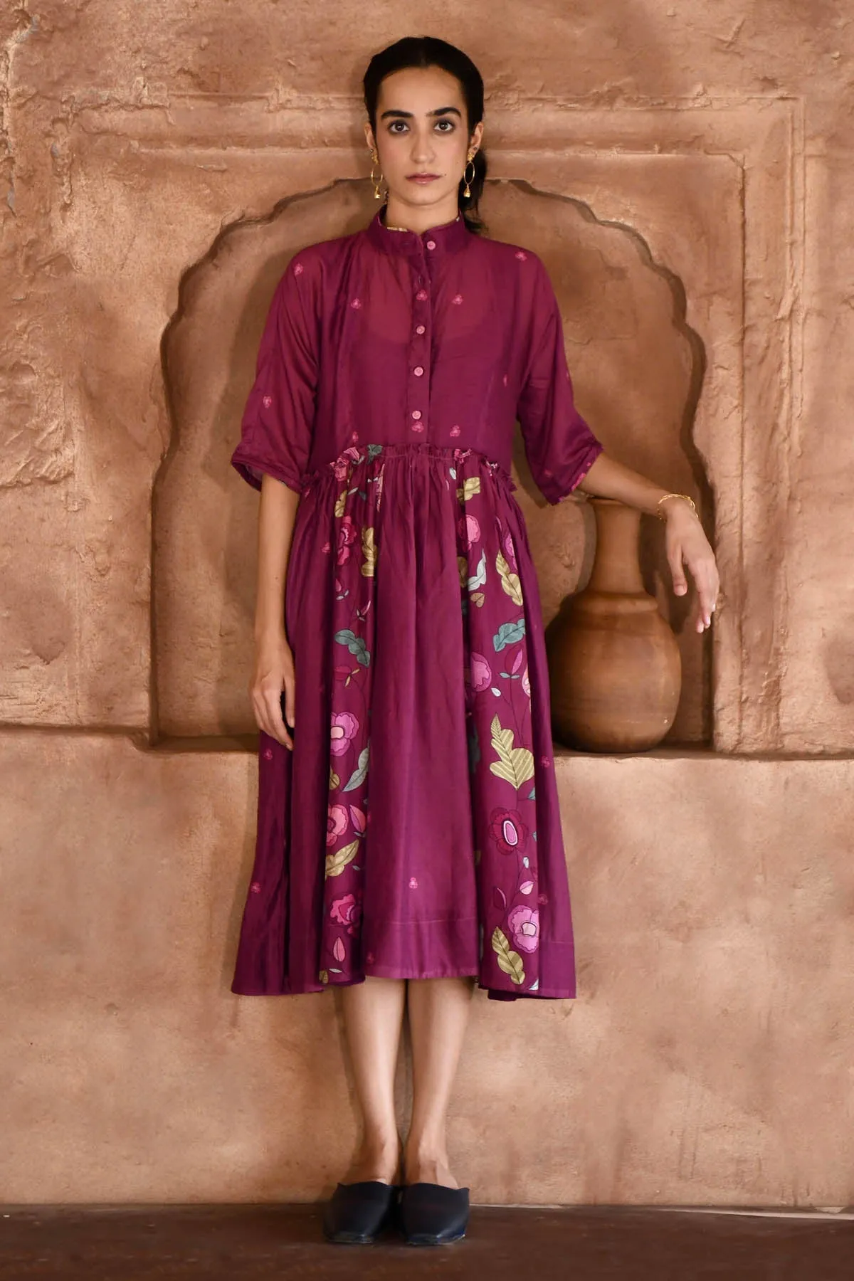 Wine Chanderi Silk Shirt Dress