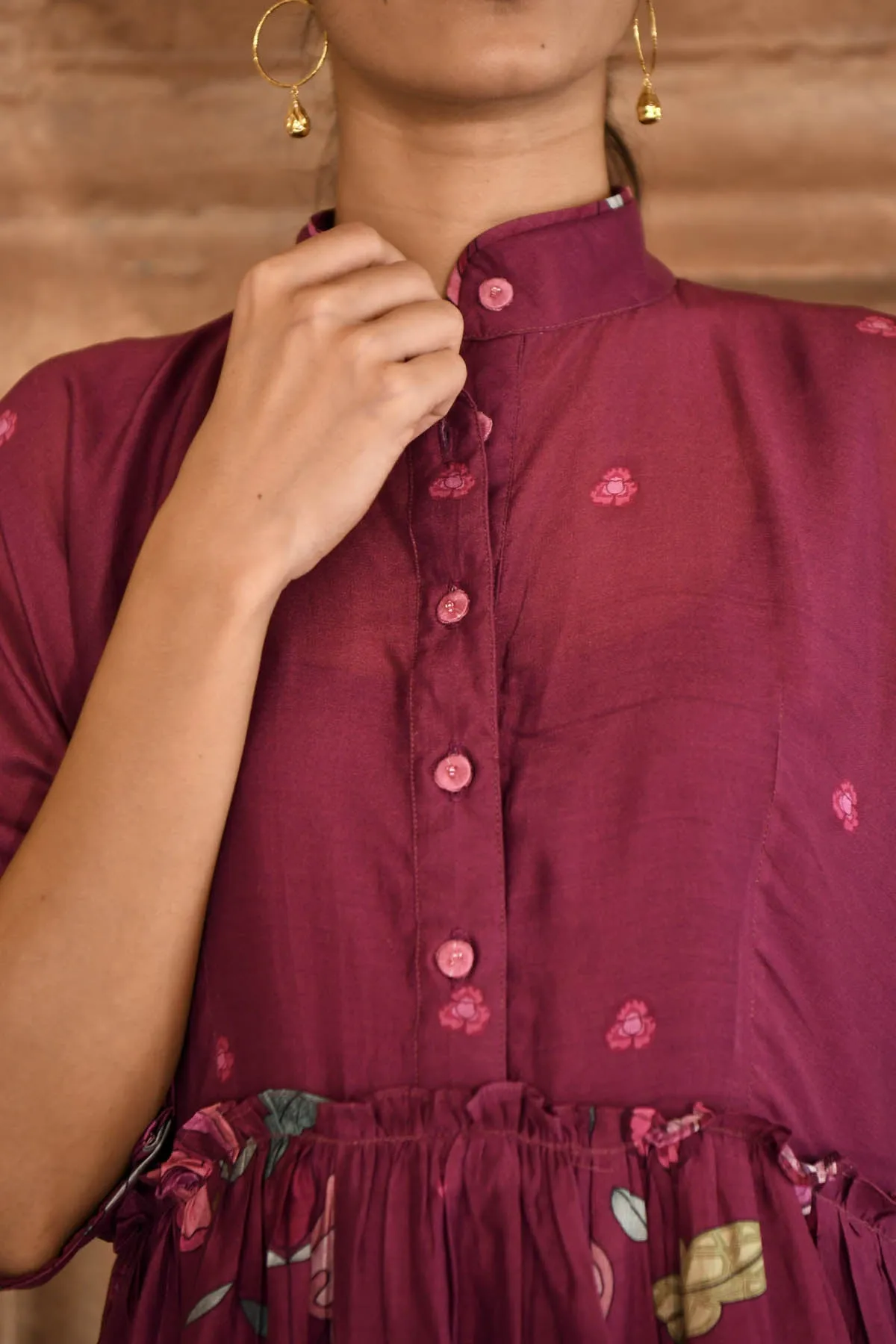 Wine Chanderi Silk Shirt Dress