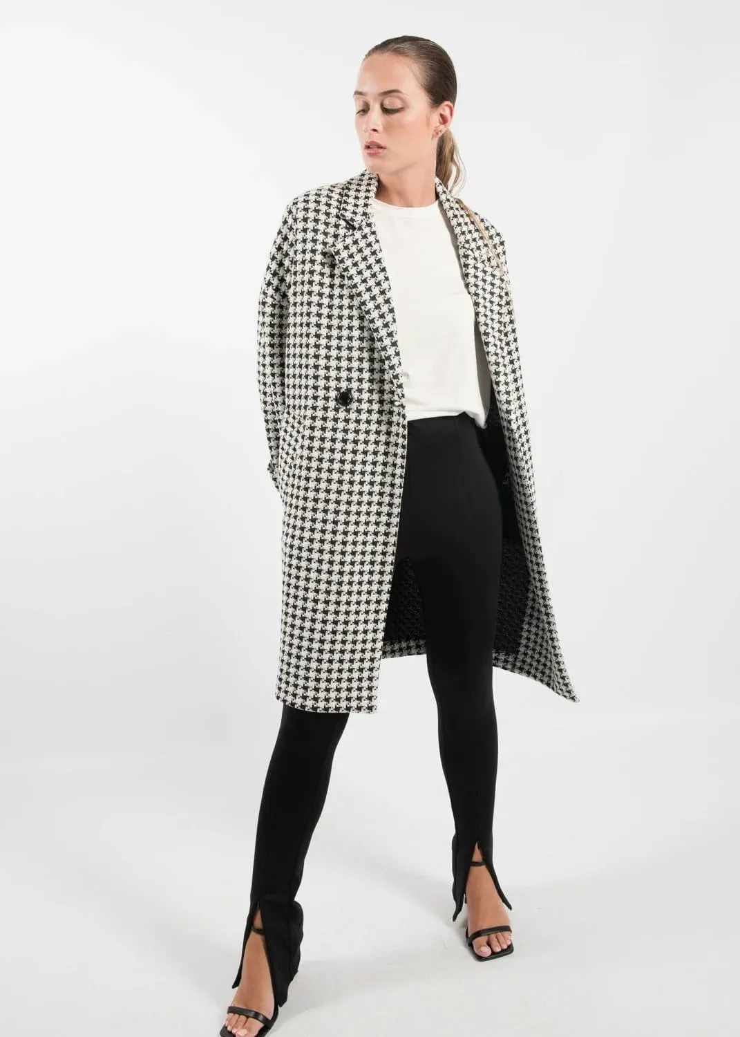 Winter Style Houndstooth Check Coat with Sheen Finish by Linu