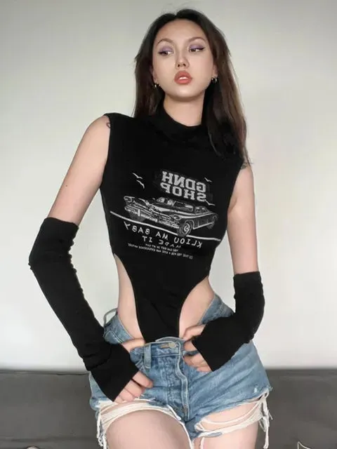 Women Cartoon Letter Printing Sleeveless Bodysuit