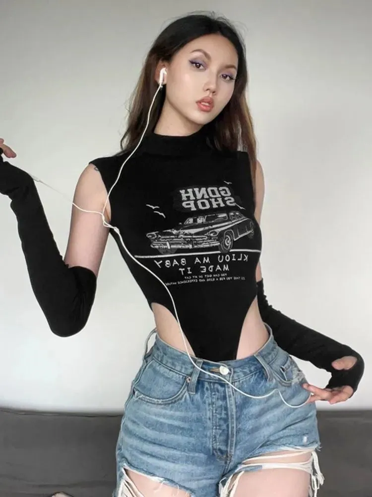 Women Cartoon Letter Printing Sleeveless Bodysuit