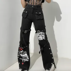 Women's Spring/Autumn Gothic Bandage Baggy Punk Style Hight Waist Pants