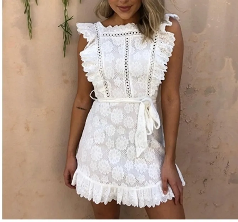 Women's Summer Vintage Ruffled Cotton Lace Short Dress