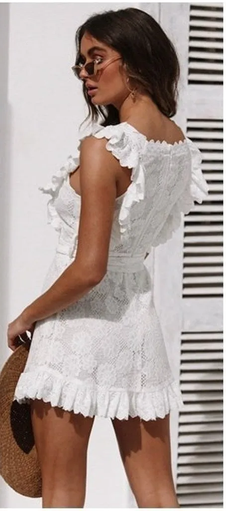 Women's Summer Vintage Ruffled Cotton Lace Short Dress
