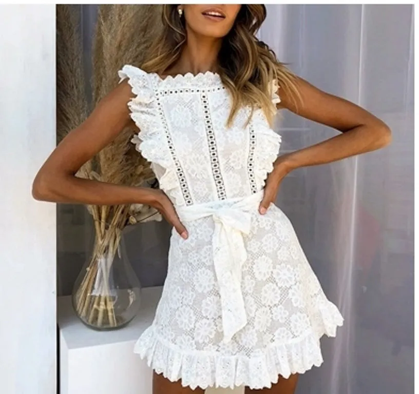 Women's Summer Vintage Ruffled Cotton Lace Short Dress