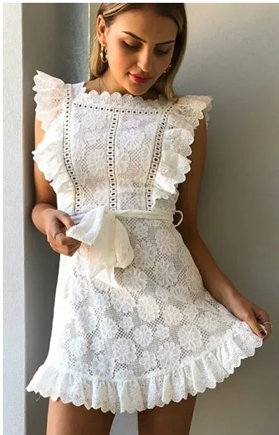 Women's Summer Vintage Ruffled Cotton Lace Short Dress
