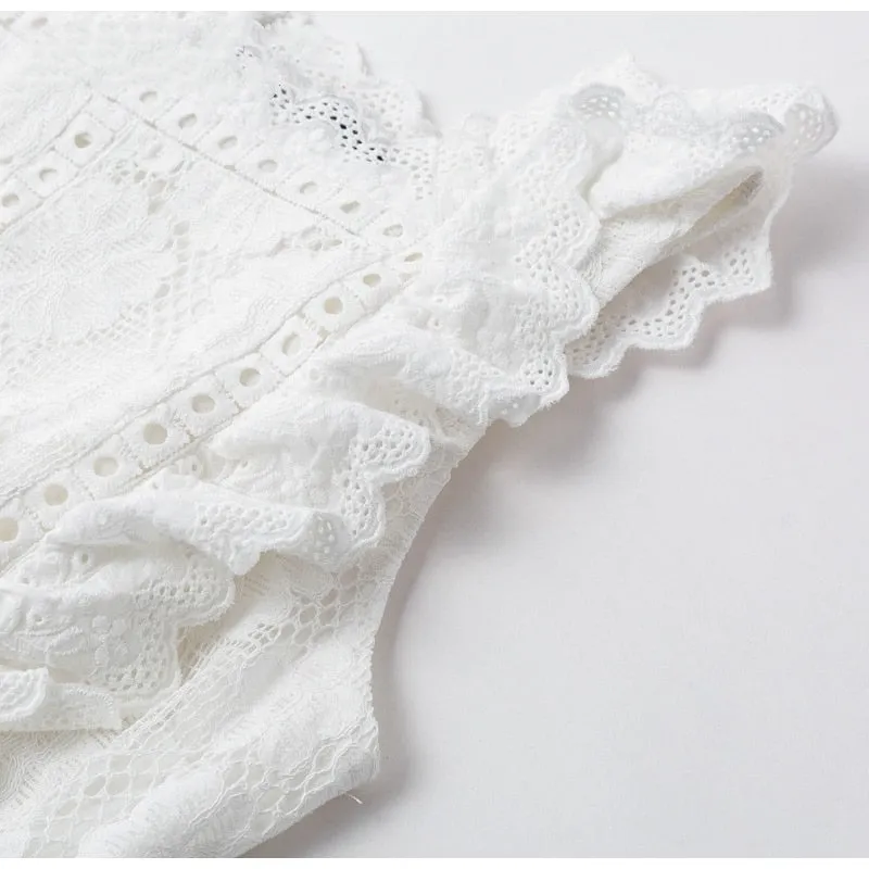 Women's Summer Vintage Ruffled Cotton Lace Short Dress