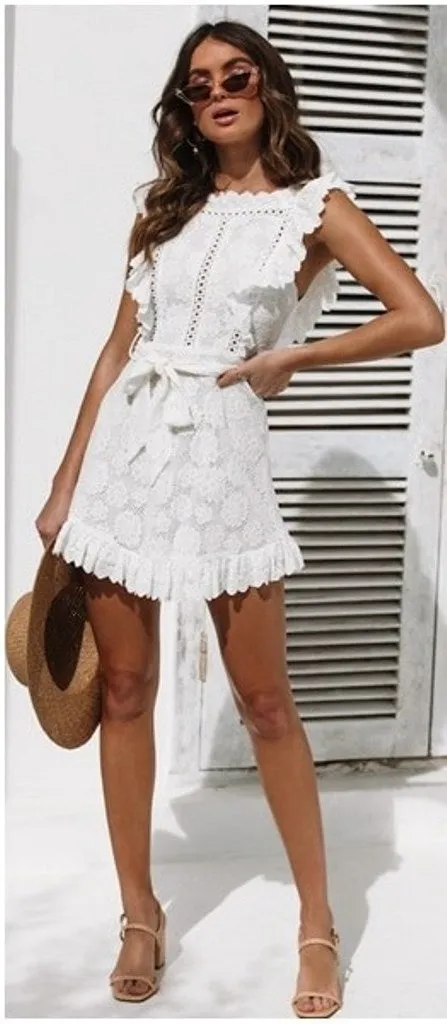Women's Summer Vintage Ruffled Cotton Lace Short Dress