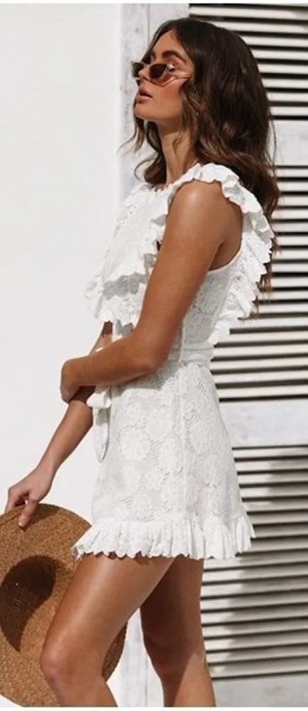 Women's Summer Vintage Ruffled Cotton Lace Short Dress