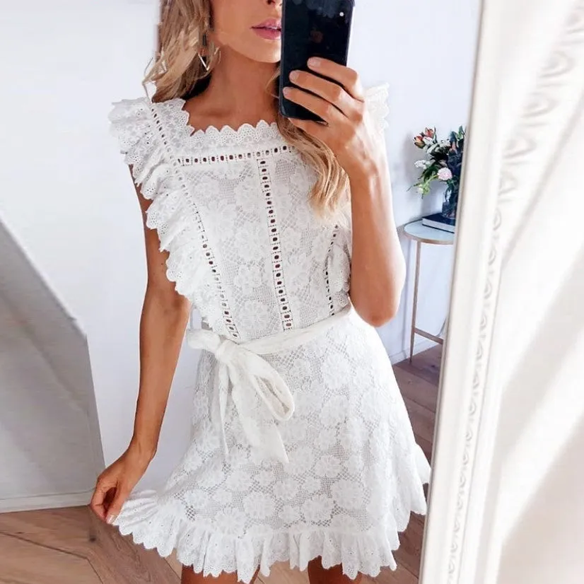 Women's Summer Vintage Ruffled Cotton Lace Short Dress