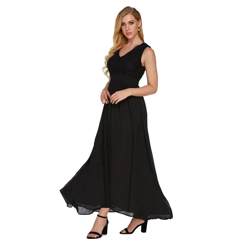 Women's V-Neck Lace Sleeveless Evening Dress | Plus Size