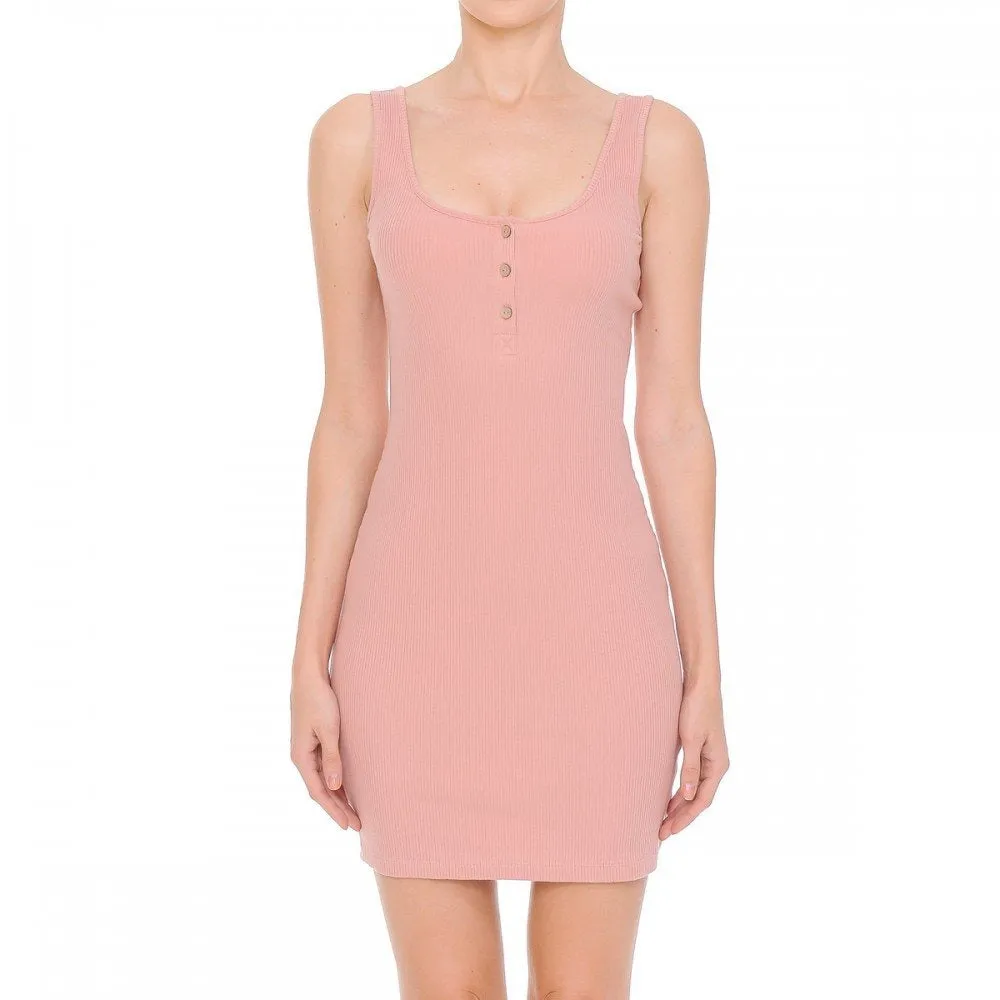 Womens-Women's Ribbed Sleeveless Knitted Button Scoop Neck Knit Body Con Midi Dress