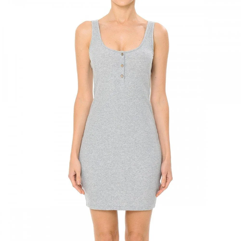 Womens-Women's Ribbed Sleeveless Knitted Button Scoop Neck Knit Body Con Midi Dress
