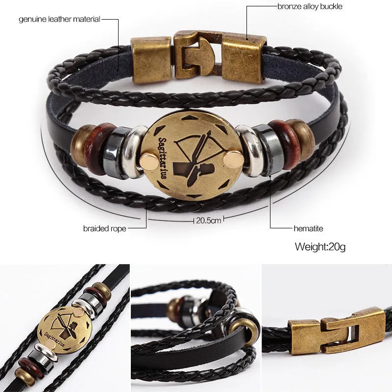 Zodiac Signs Bracelet Leather Wooden Black Gallstone Charm Bracelet For Men